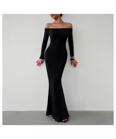 Women's Cocktail Dress New Years Eve Dress 2024 Round Neck Long Sleeve Dress Slim Solid Split Temperament Maxi Dress, S-2XL 6...