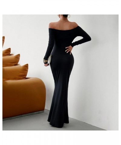 Women's Cocktail Dress New Years Eve Dress 2024 Round Neck Long Sleeve Dress Slim Solid Split Temperament Maxi Dress, S-2XL 6...