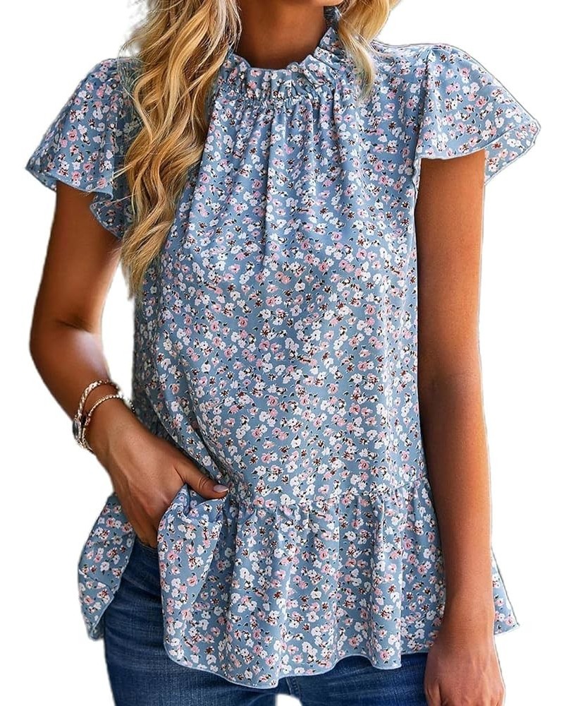 Women Ruffle Sleeve Babydoll Top Loose Blouse Shirt Tunic Tops Light Blue $10.25 Blouses