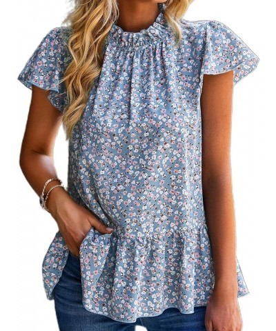 Women Ruffle Sleeve Babydoll Top Loose Blouse Shirt Tunic Tops Light Blue $10.25 Blouses