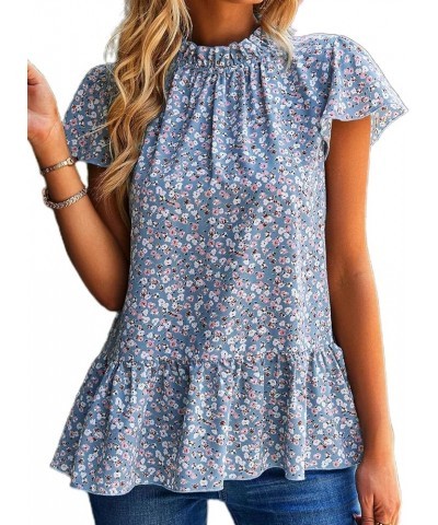 Women Ruffle Sleeve Babydoll Top Loose Blouse Shirt Tunic Tops Light Blue $10.25 Blouses