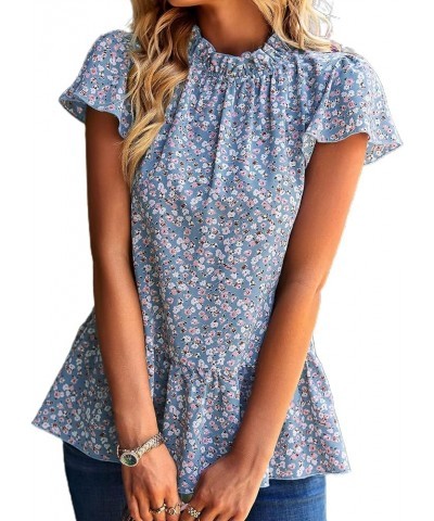 Women Ruffle Sleeve Babydoll Top Loose Blouse Shirt Tunic Tops Light Blue $10.25 Blouses