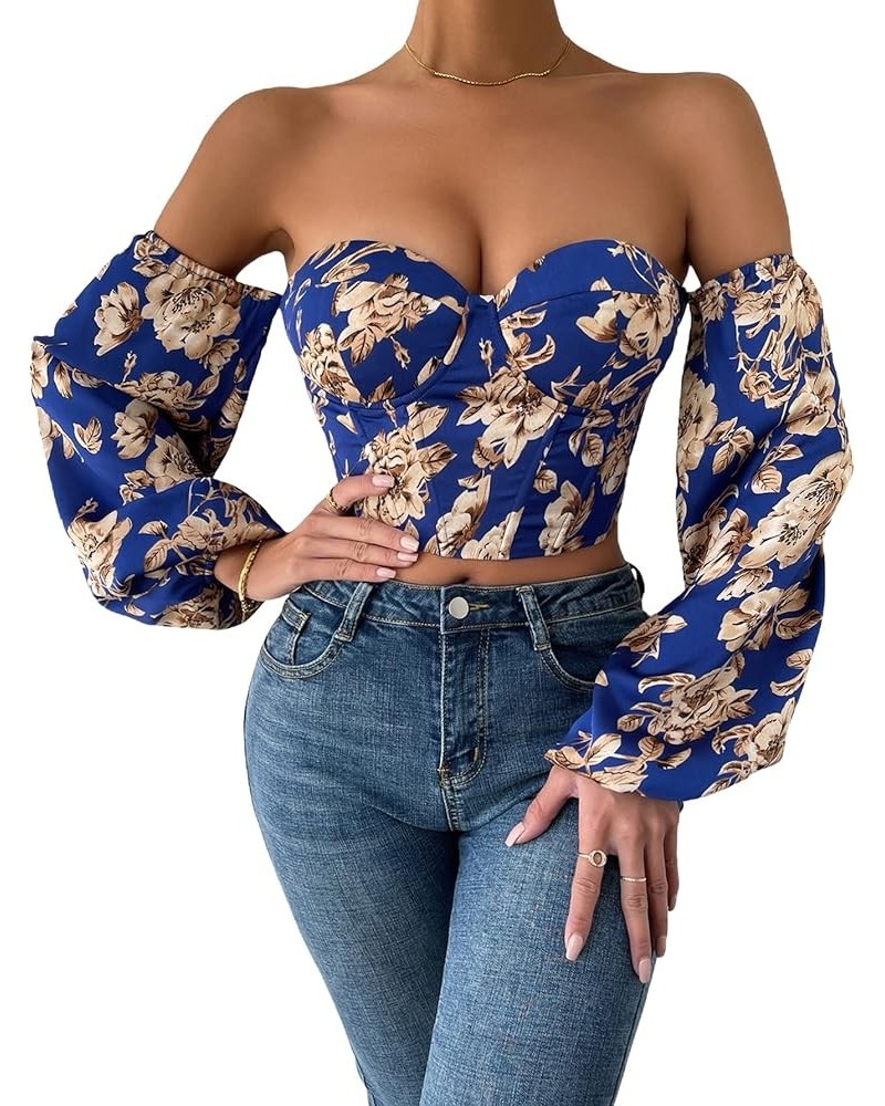 Women's Off Shoulder Long Sleeve Lace Up Back Bandeau Bustie Crop Corset Top Blue Floral $18.05 Blouses