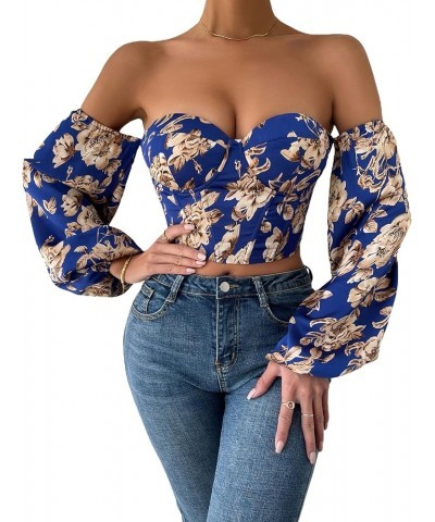 Women's Off Shoulder Long Sleeve Lace Up Back Bandeau Bustie Crop Corset Top Blue Floral $18.05 Blouses