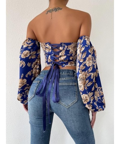 Women's Off Shoulder Long Sleeve Lace Up Back Bandeau Bustie Crop Corset Top Blue Floral $18.05 Blouses