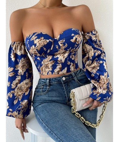 Women's Off Shoulder Long Sleeve Lace Up Back Bandeau Bustie Crop Corset Top Blue Floral $18.05 Blouses