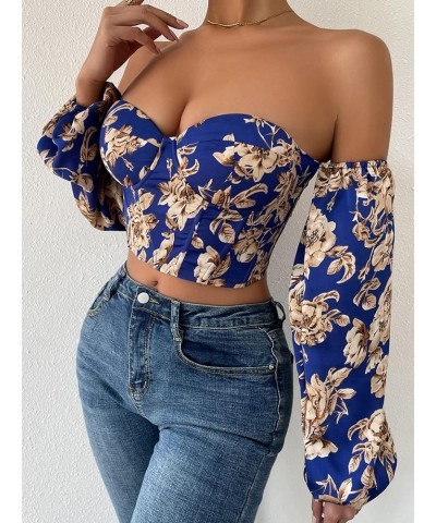 Women's Off Shoulder Long Sleeve Lace Up Back Bandeau Bustie Crop Corset Top Blue Floral $18.05 Blouses