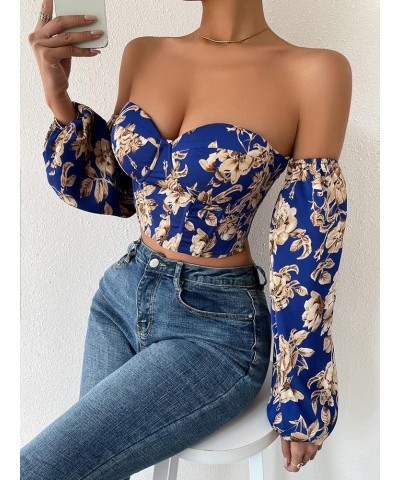 Women's Off Shoulder Long Sleeve Lace Up Back Bandeau Bustie Crop Corset Top Blue Floral $18.05 Blouses