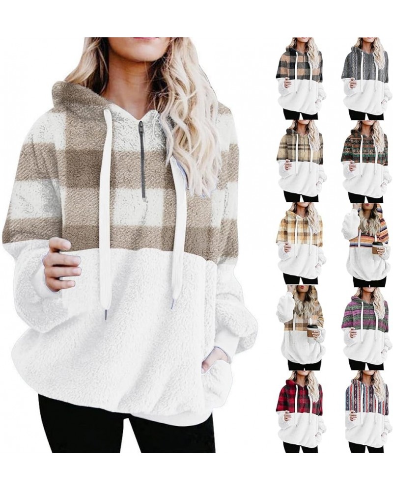 Sherpa Hoodies for Women Fuzzy Fleece Long Sleeve Drawstring Quarter Zip Pullover Winter Fluffy Coat with Pockets C-coffee $1...