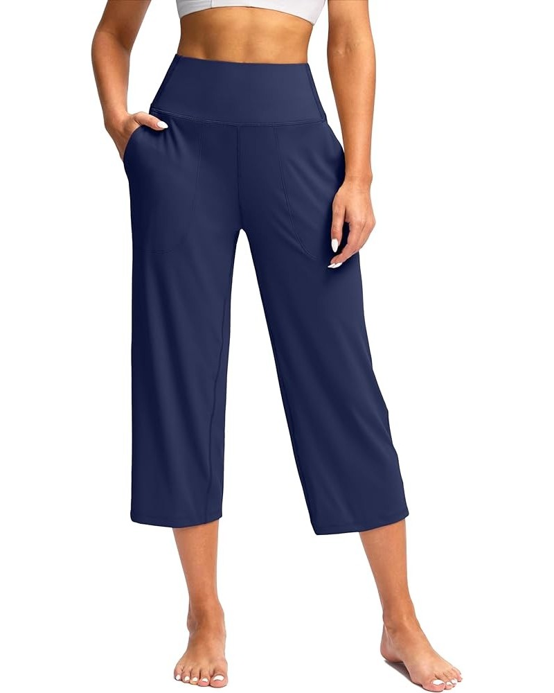 Women's Wide Leg Capri Pants with Pockets Tummy Control High Waist Yoga Dress Crop Pants for Women Navy Blue $13.60 Pants