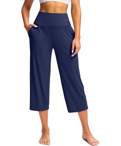 Women's Wide Leg Capri Pants with Pockets Tummy Control High Waist Yoga Dress Crop Pants for Women Navy Blue $13.60 Pants