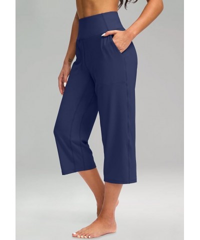 Women's Wide Leg Capri Pants with Pockets Tummy Control High Waist Yoga Dress Crop Pants for Women Navy Blue $13.60 Pants