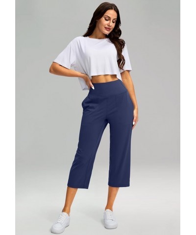 Women's Wide Leg Capri Pants with Pockets Tummy Control High Waist Yoga Dress Crop Pants for Women Navy Blue $13.60 Pants