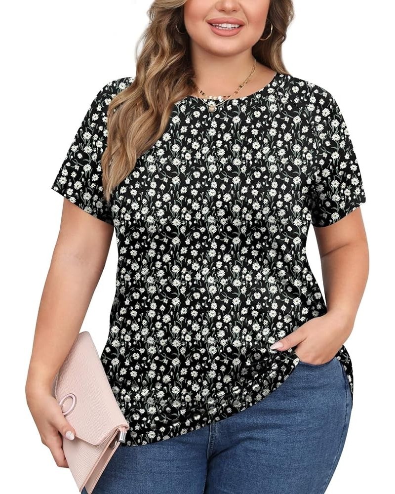 Womens Summer Casual Plus Size Tunic Tops Short Sleeve Tee Tshirt Color Block Blouse for Leggings Crewneck White Daisy+black ...