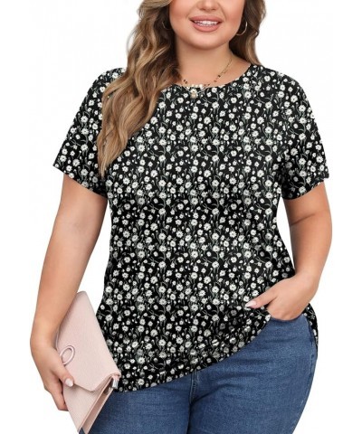 Womens Summer Casual Plus Size Tunic Tops Short Sleeve Tee Tshirt Color Block Blouse for Leggings Crewneck White Daisy+black ...