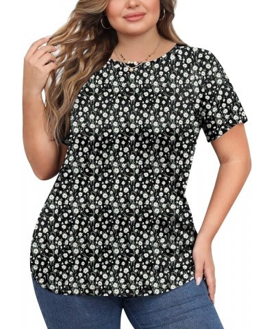 Womens Summer Casual Plus Size Tunic Tops Short Sleeve Tee Tshirt Color Block Blouse for Leggings Crewneck White Daisy+black ...