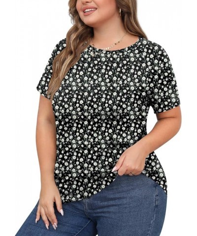 Womens Summer Casual Plus Size Tunic Tops Short Sleeve Tee Tshirt Color Block Blouse for Leggings Crewneck White Daisy+black ...