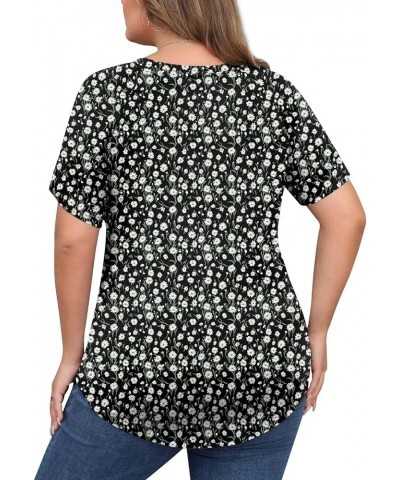 Womens Summer Casual Plus Size Tunic Tops Short Sleeve Tee Tshirt Color Block Blouse for Leggings Crewneck White Daisy+black ...