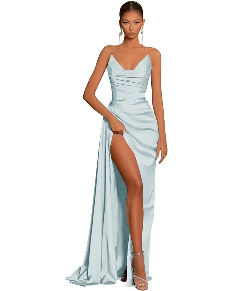 Satin Corset Prom Dresses Slit Long 2024 Off Shoulder Strapless Formal Evening Party Cocktail Gown for Women Sky Blue $31.85 ...