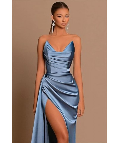 Satin Corset Prom Dresses Slit Long 2024 Off Shoulder Strapless Formal Evening Party Cocktail Gown for Women Sky Blue $31.85 ...