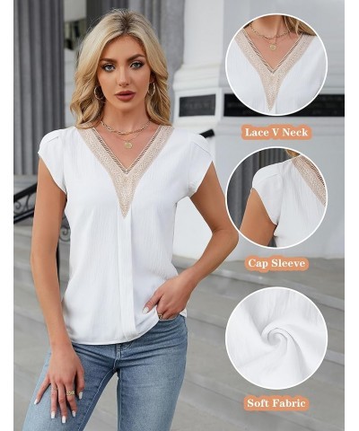 Womens Dressy Casual Blouses Business Summer Tops 2024 Trendy Lace Cap Sleeve V Neck Shirts Solid Color White $11.79 Blouses