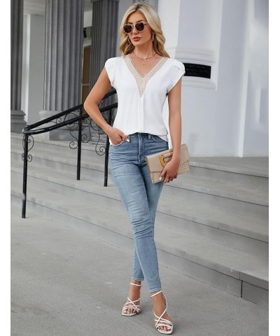 Womens Dressy Casual Blouses Business Summer Tops 2024 Trendy Lace Cap Sleeve V Neck Shirts Solid Color White $11.79 Blouses