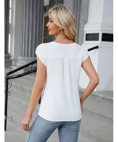 Womens Dressy Casual Blouses Business Summer Tops 2024 Trendy Lace Cap Sleeve V Neck Shirts Solid Color White $11.79 Blouses