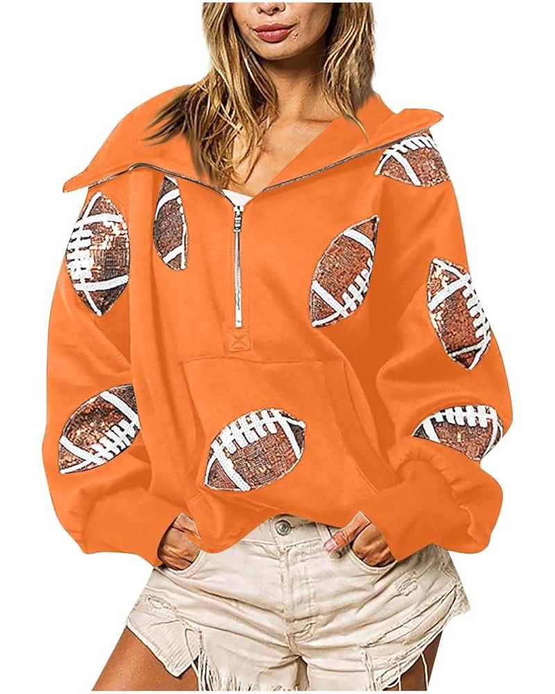 Women's Game Day Outfits Football Hoodies Sweatshirts Sequin Zipper Drawstring Long Sleeve Jackets Tops Orange $13.98 Others