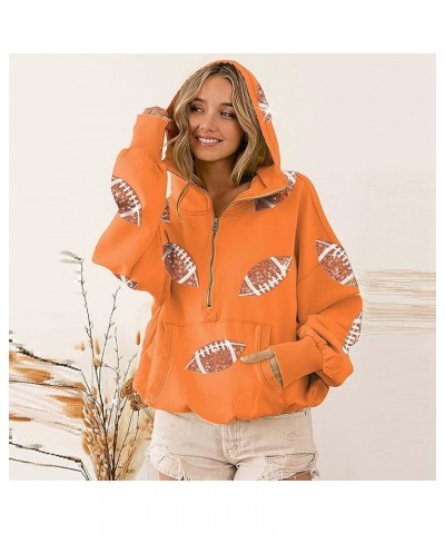 Women's Game Day Outfits Football Hoodies Sweatshirts Sequin Zipper Drawstring Long Sleeve Jackets Tops Orange $13.98 Others