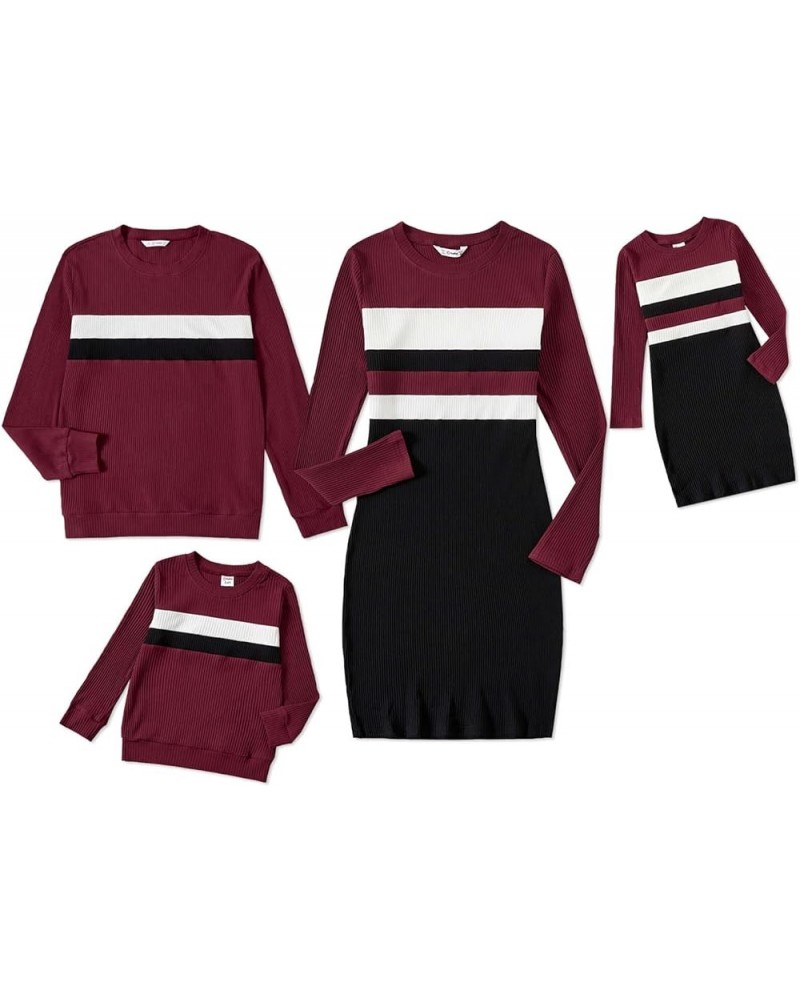 Family Matching Outfits Cotton Rib Knit Colorblock Long Sleeve Bodycon Dresses and Sweatshirts Tops Sets Women Burgundy $11.0...