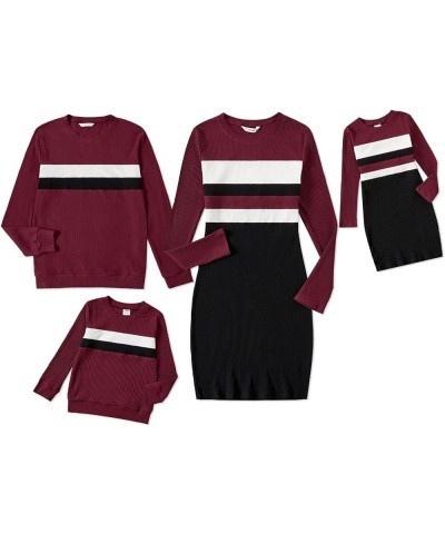 Family Matching Outfits Cotton Rib Knit Colorblock Long Sleeve Bodycon Dresses and Sweatshirts Tops Sets Women Burgundy $11.0...