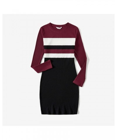 Family Matching Outfits Cotton Rib Knit Colorblock Long Sleeve Bodycon Dresses and Sweatshirts Tops Sets Women Burgundy $11.0...