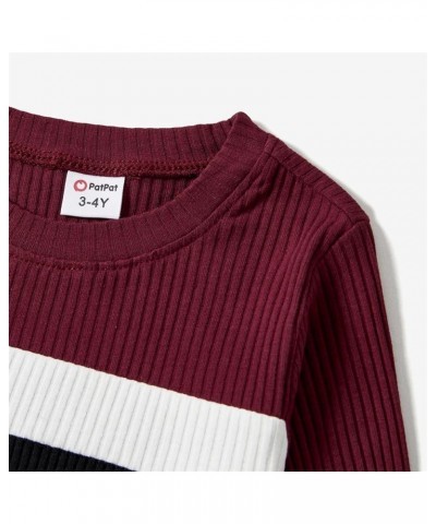 Family Matching Outfits Cotton Rib Knit Colorblock Long Sleeve Bodycon Dresses and Sweatshirts Tops Sets Women Burgundy $11.0...