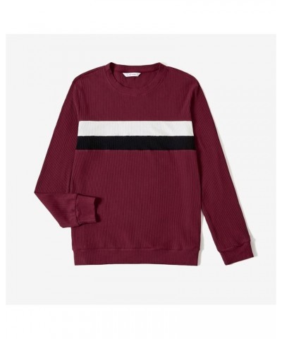 Family Matching Outfits Cotton Rib Knit Colorblock Long Sleeve Bodycon Dresses and Sweatshirts Tops Sets Women Burgundy $11.0...