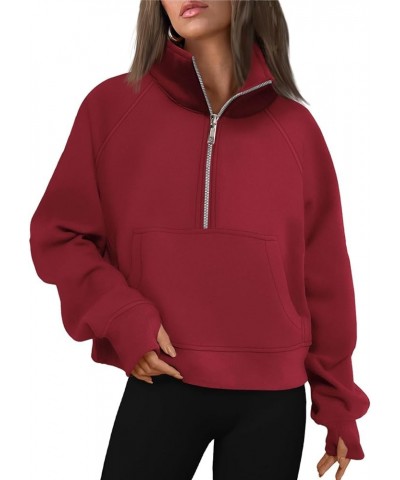 Womens Sweatshirts Half Zip Cropped Pullover Fleece Quarter Zipper Hoodies Fall outfits Clothes Thumb Hole Red $16.32 Hoodies...