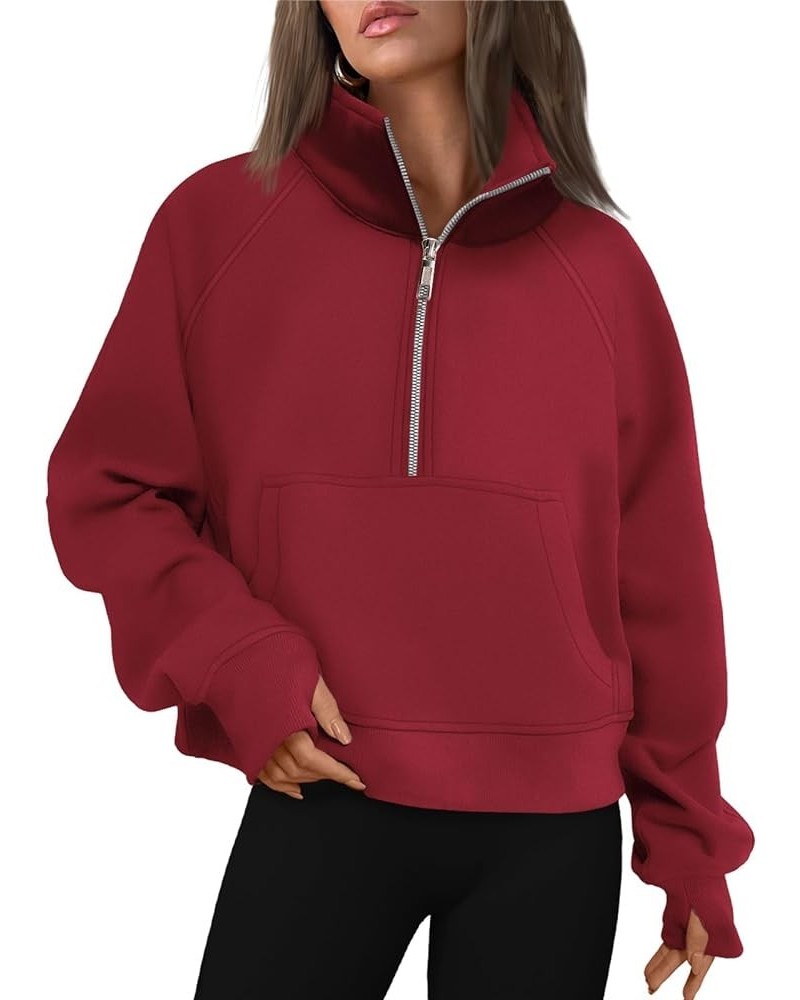 Womens Sweatshirts Half Zip Cropped Pullover Fleece Quarter Zipper Hoodies Fall outfits Clothes Thumb Hole Red $16.32 Hoodies...