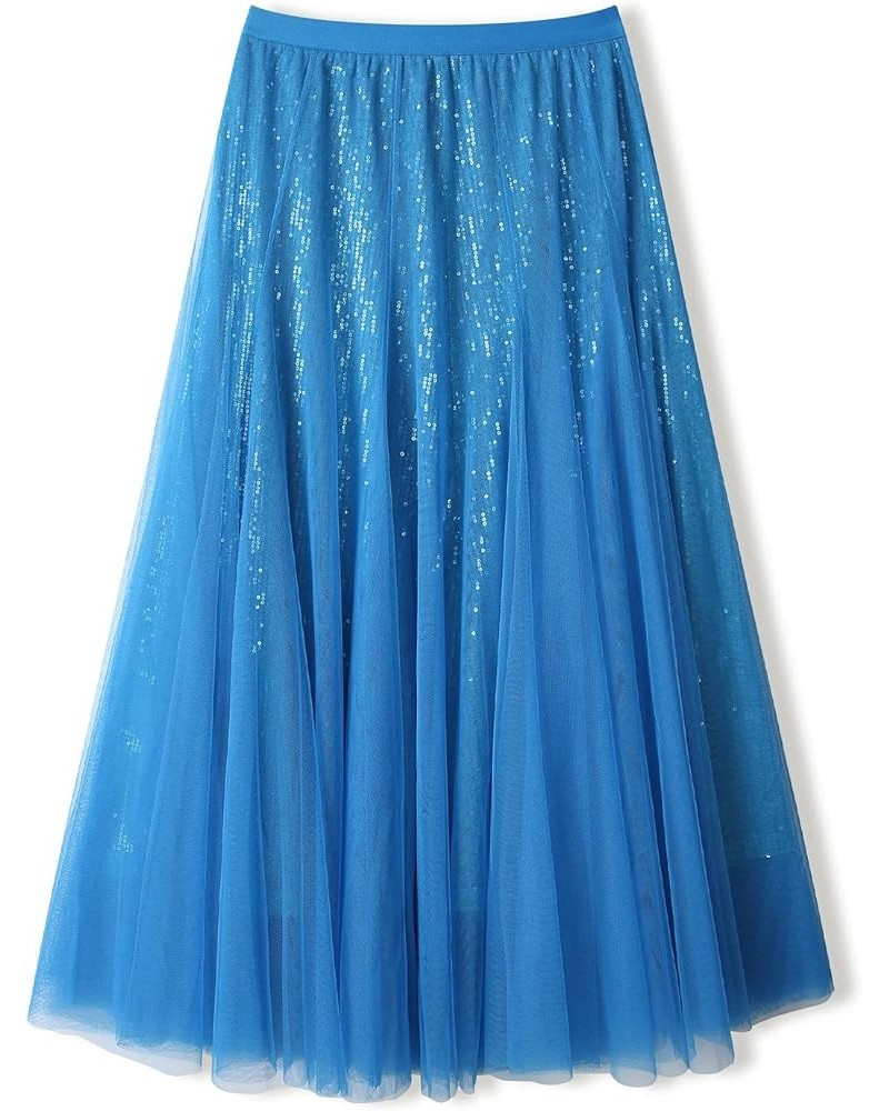 Sequin Long Tulle Skirt Layered Flowy Fairy Sparkle Party Mesh Tea Length Big Hem Skirts for Women Sequins Sky Blue $17.64 Sk...