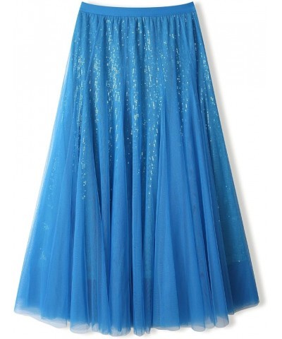 Sequin Long Tulle Skirt Layered Flowy Fairy Sparkle Party Mesh Tea Length Big Hem Skirts for Women Sequins Sky Blue $17.64 Sk...