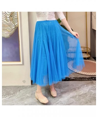 Sequin Long Tulle Skirt Layered Flowy Fairy Sparkle Party Mesh Tea Length Big Hem Skirts for Women Sequins Sky Blue $17.64 Sk...