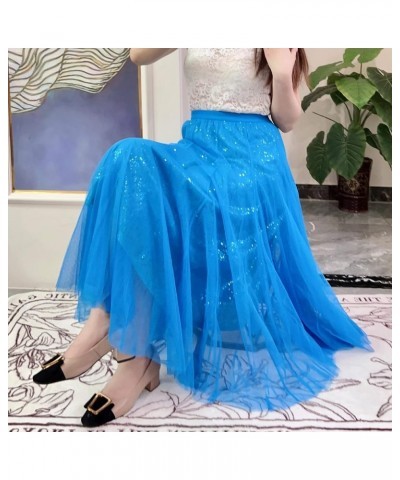 Sequin Long Tulle Skirt Layered Flowy Fairy Sparkle Party Mesh Tea Length Big Hem Skirts for Women Sequins Sky Blue $17.64 Sk...