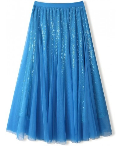 Sequin Long Tulle Skirt Layered Flowy Fairy Sparkle Party Mesh Tea Length Big Hem Skirts for Women Sequins Sky Blue $17.64 Sk...