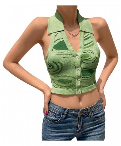 Halter Vest for Women Sexy Y2k Streetwear Fashion Knitted Stripe Sleeveless Top Shirts Summer Button Sweater Tank Tops Green ...