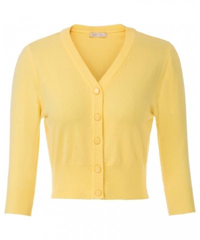 Women's 3/4 Sleeve V-Neck Button Down Cherries Embroidery Cropped Cardigan Sweater Coat Yellow-2 $19.60 Sweaters