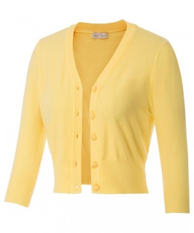 Women's 3/4 Sleeve V-Neck Button Down Cherries Embroidery Cropped Cardigan Sweater Coat Yellow-2 $19.60 Sweaters