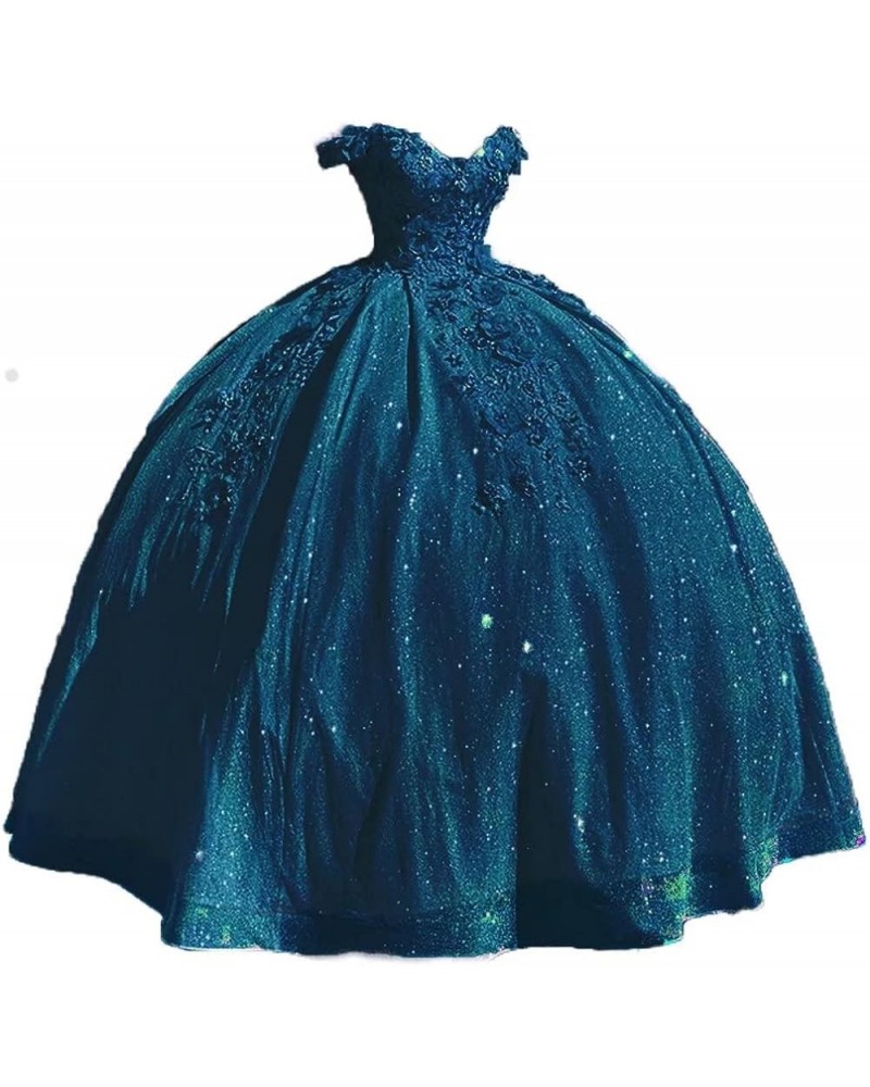 Women's Cap Sleeves Crystals Ball Gowns Tulle Long Quinceanera Dresses A-teal $48.65 Dresses