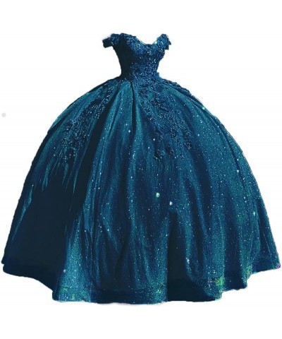 Women's Cap Sleeves Crystals Ball Gowns Tulle Long Quinceanera Dresses A-teal $48.65 Dresses