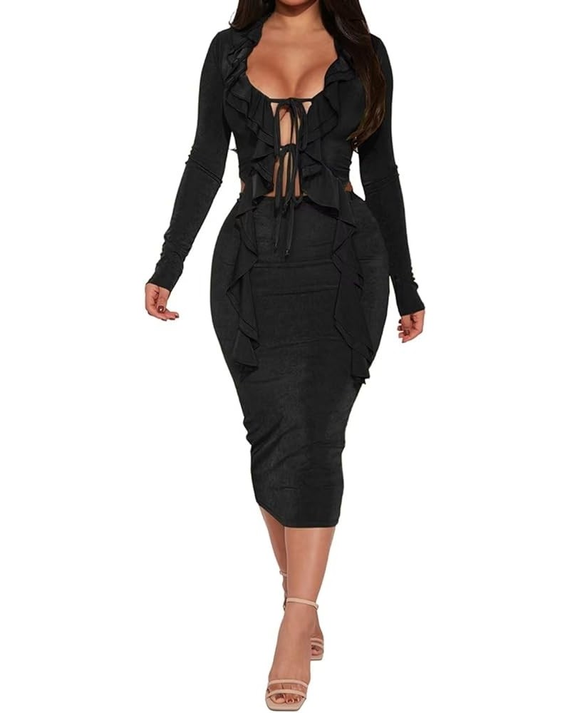 Womens 2 Piece Outfits Long Sleeve Tie Front Crop Top Ruffle V Neck Midi Skirt Dress Set Black $20.54 Suits