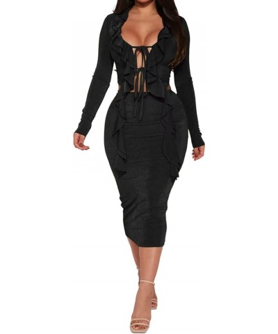 Womens 2 Piece Outfits Long Sleeve Tie Front Crop Top Ruffle V Neck Midi Skirt Dress Set Black $20.54 Suits