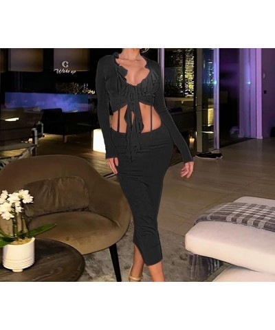 Womens 2 Piece Outfits Long Sleeve Tie Front Crop Top Ruffle V Neck Midi Skirt Dress Set Black $20.54 Suits