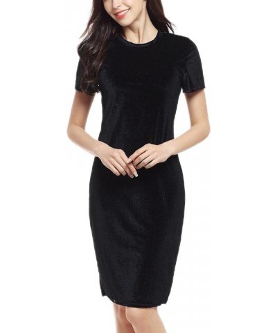 Summer Women Velvet Short-Sleeve Crewneck Knee Length Pencil Dress Black $11.59 Dresses